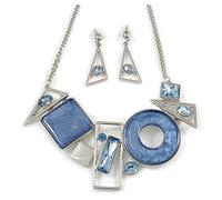 Avalaya Light Blue Crystal Geometric Necklace and Drop Earrings Set In Sivler Tone - 38cm L/ 7cm Ext - Gift Boxed