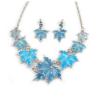 Avalaya Light Blue Enamel Maple Leaf Necklace and Drop Earrings Set in Silver Tone/41cm L/ 7cm Ext