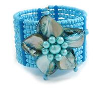 Avalaya Light Blue Glass Bead Flex Cuff Bracelet with Shell Flower - M/L