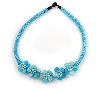 Avalaya Light Blue Glass Bead with Shell Floral Motif Necklace - 48cm Long