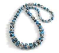 Avalaya Long Graduated Wooden Bead with Floral Pattern in Blue/Black/White Colours Necklace - 80cm Long