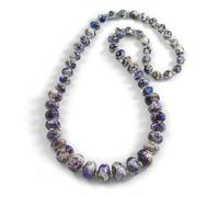 Avalaya Long Graduated Wooden Bead with Floral Pattern in Purple/Black/White Colours Necklace - 80cm Long