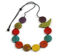Avalaya Long Multicoloured Wooden Coin Bead and Bird Black Cotton Cord Necklace/ 96cm Max Length/Adjustable