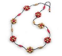 Avalaya Long Pink/Cream Coloured Wooden Flower Black Cotton Cord Necklace - 100cm L