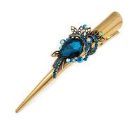 Avalaya Long Vintage Inspired Gold Tone Teal Blue/Ab Crystal Floral Hair Beak Clip/Concord/Crocodile Clip - 13.5cm L
