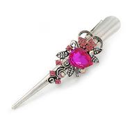 Avalaya Long Vintage Inspired Silver Tone Fuchsia/Pink Crystal Floral Hair Beak Clip/Concord/Crocodile Clip - 13.5cm L