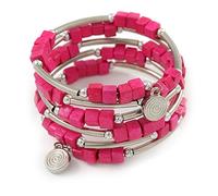 Avalaya Magenta Cube Wood Bead and Silver Tone Metal Bar Multistrand Flex Bracelet