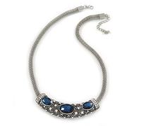 Avalaya Mesh Chain With Midnight Blue/Clear Crystal Sliding Bar Pendant Necklace/Silver Tone/ 44cm L/ 4cm Ext