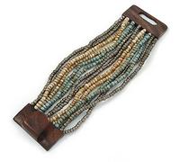 Avalaya Metallic Grey/Dusty Light Blue/Antique White Glass Bead Multistrand Flex Bracelet With Wooden Closure - Size M/L