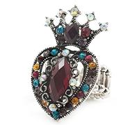 Avalaya Multicloured Crystal and Acrylic Bead Crown & Heart Stretch Ring/Aged Silver Tone/ 45mm Long
