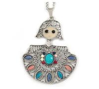 Avalaya Multicoloured Beaded Doll Pendant with Long Chain In Silver Tone - 70cm L/ 5cm Ext