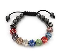 Avalaya Multicoloured Crystal Balls & Smooth Round Hematite Beaded Bracelet with Black Silk Cord/Unisex/10mm/Adjustable