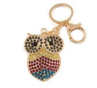 Avalaya Multicoloured Crystal Owl Keyring/Bag Charm In Gold Tone - 10cm L