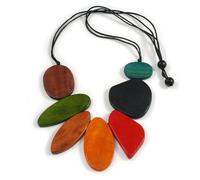 Avalaya Multicoloured Geometric Wooden Eco-Friendly Necklace - Adjustable Cotton Cord - 80cm Max Length, 7cm Front Drop
