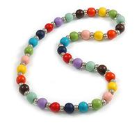 Avalaya Multicoloured Painted Wood and Silver Tone Acrylic Bead Long Necklace - 70cm L