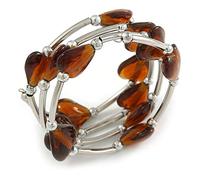 Avalaya Multistrand Brown/Amber Glass Heart Bead Coiled Flex Bracelet In Silver Tone - Adjustable