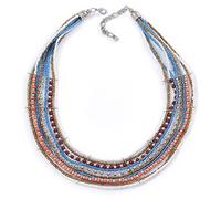 Avalaya Multistrand Glass Bead Collar Style Necklace in White/Coral/Blue/Bronze Colours/Silver Tone Metal/ 42cm L/ 4cm Ext
