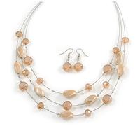 Avalaya Multistrand Light Toffee/Caramel Glass and Ceramic Bead Wire Necklace & Drop Earrings Set Silver Tone - 48cm L/ 5cm Ext