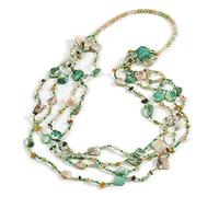 Avalaya Multistrand Sea Shell/Semiprecious Stone & Faux Pearl Long Necklace in Green/Antique White/Brown/100cm L
