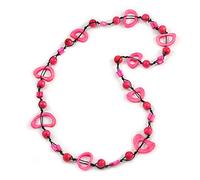 Avalaya Neon Pink/Deep Pink Round and Oval Wooden Bead Cotton Cord Necklace/ 80cm Long