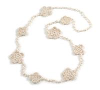 Avalaya Off White Floral Crochet and Glass Bead Long Necklace - 80cm Long