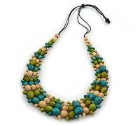 Avalaya Olive/Teal/Beige Wooden Bead Black Cord Necklace - 70cm L