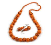 Avalaya Orange/Black Chunky Round Wood Beaded Cord Necklace and Earring Set with Animal Print/76cm L