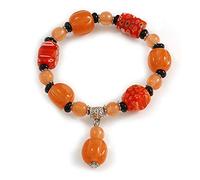 Avalaya Orange/Black Glass and Ceramic Bead Charm Flex Bracelet - 19cm Long