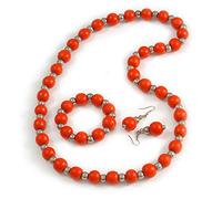 Avalaya Orange Wood and Silver Acrylic Bead Necklace, Earrings, Bracelet Set - 70cm Long