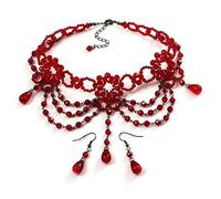 Avalaya Party Statement Hot Red Acrylic Bead Gothic Costume Choker Necklace And Earring Set/ 30cm L/6cm Ext
