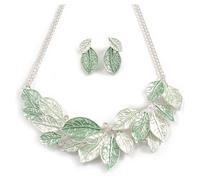 Avalaya Pastel Mint Green Enamel Leafy Necklace and Stud Earrings Set in Silver Tone - 42cm L/6cm Ext