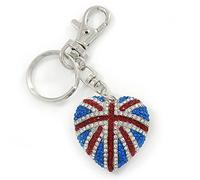 Avalaya Patriotic Pave Set Austrian Crystal Union Jack Puffed Heart Keyring/Bag Charm/Silver Tone/ 10cm L