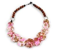 Avalaya Pink/Brown/White Wood Beaded Necklace - 55cm Long
