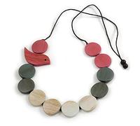 Avalaya Pink/Grey/Antique White Wooden Coin Bead and Bird Black Cotton Cord Long Necklace/ 96cm Max Length/Adjustable
