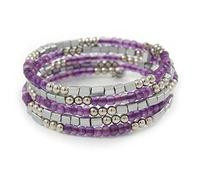 Avalaya Purple Glass Silver Acrylic Bead Multistrand Coiled Flex Bracelet Bangle - Adjustable