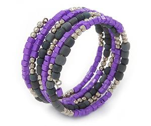 Avalaya Purple/Grey Stone Bead Multistrand Coiled Flex Bracelet Bangle - Adjustable
