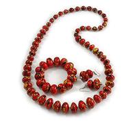 Avalaya Red/Black/Gold Wooden Bead Long Necklace, Drop Earrings, Flex Bracelet Set - 80cm Long