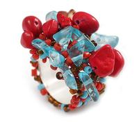 Avalaya Red/Light Blue/Brown Glass Bead and Stone Cluster Band Style Flex Ring/Size M/L