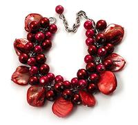 Avalaya Red Simulated Pearl Bead & Shell Charm Bracelet (Silver Tone) - 15cm Long/ 7cm Ext
