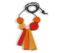 Avalaya Red, Yellow & Orange Eco-Friendly Handmade Wooden Necklace with Black Adjustable Cotton Cord - Geometric Shape, 100cm Max Length, 9cm Front Drop