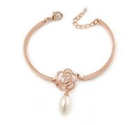 Avalaya Romantic CZ Rose with Dangling Pearl Bracelet/Rose Gold Metal/ 15cm L/ 3cm Ext/Size S