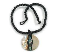 Avalaya Round Shell Pendant with 'Wise Eye' Motif Black Glass Bead Twisted Rope Necklace in Beige/Black/Abalone Colours - 44cm L/ 50mm Diameter
