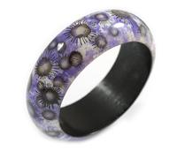 Avalaya Round Wood Bangle Bracelet with Sunflower Floral Pattern in Purple/Black/White (Possible Natural Irregularities) - M Size