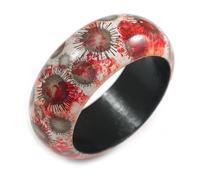Avalaya Round Wood Bangle Bracelet with Sunflower Floral Pattern in Red/Black/White (Possible Natural Irregularities) - M Size