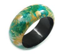 Avalaya Round Wooden Bangle Bracelet with Abstract Motif Painted in Green/Gold/White Colours - Medium Size
