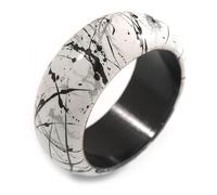 Avalaya Round Wooden Bangle Bracelet with Abstract Motif Painted in White/Metallic Silver/Black Colours - Medium Size