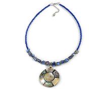 Avalaya Royal Blue Glass Bead Wire Necklace with Shell & Mother of Pearl Medallion/Silver Tone/ 50cm L/ 5cm Ext