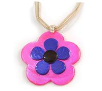 Avalaya Shell Flower Pendant with Cream Faux Suede Cords in Deep Pink, Blue/ 40cm L