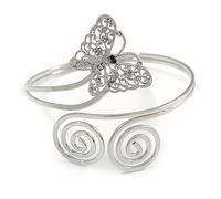 Avalaya Silver Plated Filigree, Crystal Butterfly & Twirl Upper Arm, Armlet Bracelet - Adjustable