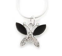Avalaya Small Clear/Black Crystal Butterfly Pendant Necklace In Silver Tone/40cm L/ 4cm Ext